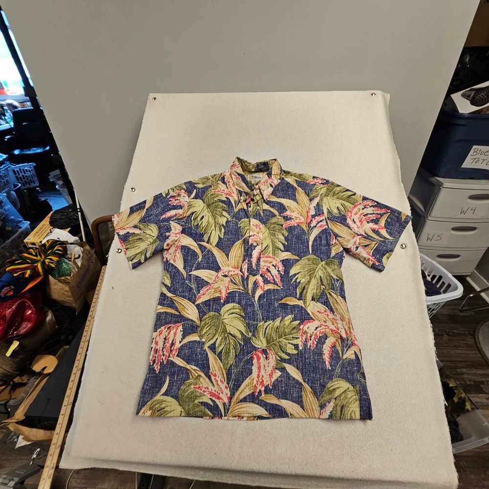 Reyn Spooner Mens Large Blue Reverse Print Tropical Floral Hawaiian Shirt Hawaii